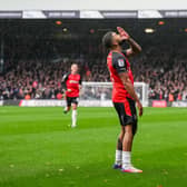 Nahki Wells celebrates putting Luton 1-0 ahead against Leicester on Saturday - pic: David Horn / PRiME Media Images