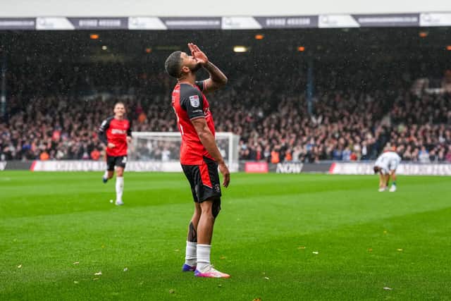 Nahki Wells celebrates putting Luton 1-0 ahead against Leicester on Saturday - pic: David Horn / PRiME Media Images