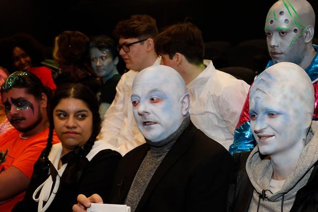 Acting students David Wiggins and Johnjoe Mockler King get interviewed as ‘blue aliens’ for BedsTV