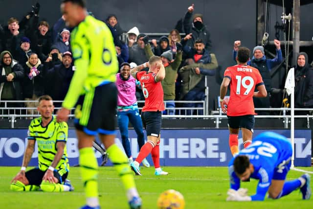 Ross Barkley celebrates scoring his first Luton goal during the 4-3 defeat to Arsenal - pic: Liam Smith