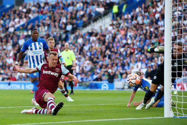 James Ward-Prowse scores his first goal for West Ham during their 3-1 win at Brighton - pic: Charlie Crowhurst/Getty Images