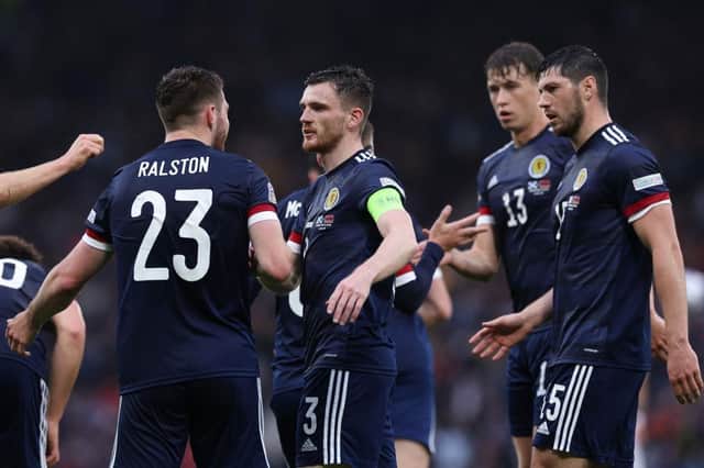 Scotland celebrate the opening goal of their 2-0 win over Armenia