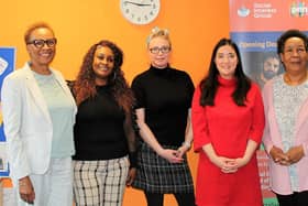 Pictured are Vanessa Johnson, Communications Manager SIG, Norah Kitimbo, Synergy Deputy Manager, Emmeline Irvine, Head of Complex Needs and Homelessness, Sarah Owen MP and Maureen Ryan, Synergy Deputy Manager.