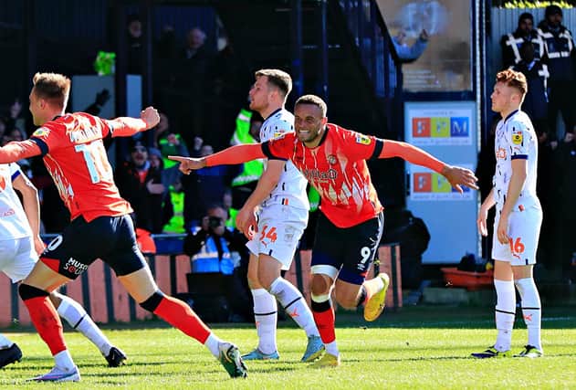 Carlton Morris wheels away after putting Luton in front against Blackpool