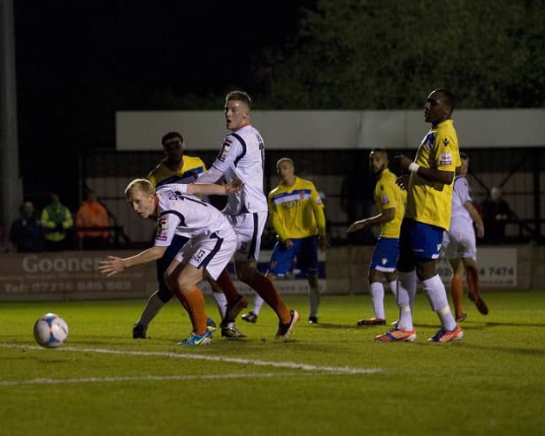 Mark Cullen and Alex Wall look for a breakthrough against Staines - Hatters Heritage