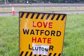 Some prankster put 'Luton' on a sign on the A405 near Crown Rise. (Picture: Watford Council via Twitter)