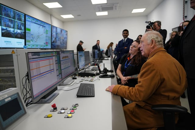 King Charles III is shown the control room during a visit to Luton DART Parkway Station PIC: Yui Mok/PA Wire