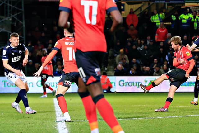 Luke Berry scores the equaliser for Luton against Millwall on Tuesday night