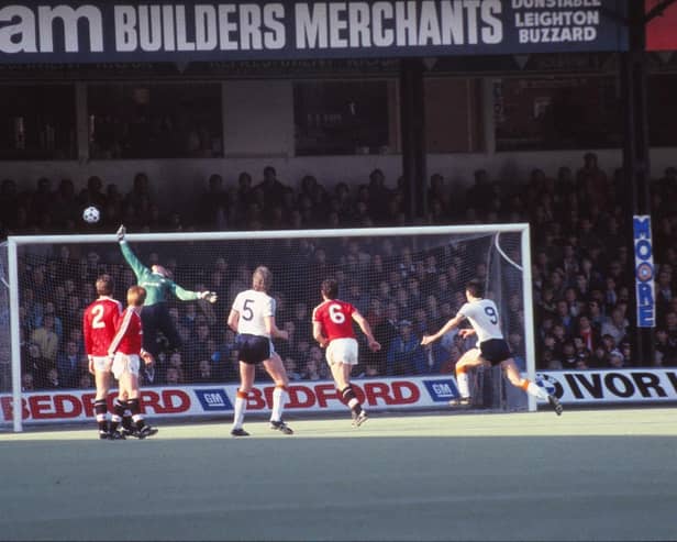 Luton go close to another goal during their 2-1 win over Manchester United back in 1987 - Hatters Heritage