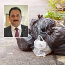 File photo of bin bags in a street, and inset, cllr Aslam Khan