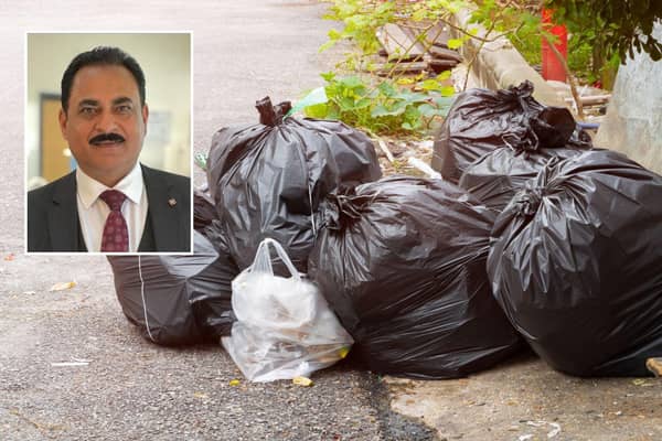 File photo of bin bags in a street, and inset, cllr Aslam Khan