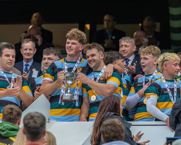 Toby Hunt and Callum Lodder lift the cup at Twickenham