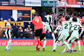 Ross Barkley rises highest to glance in Luton's first goal against Chelsea - pic: Liam Smith