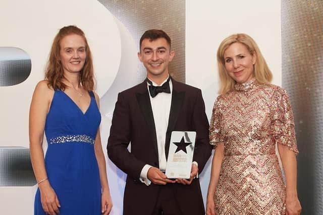 James Eid received the Sustainability Initiative of the Year at the Baking Industry Awards hosted by TV presenter Sally Phillips, far left