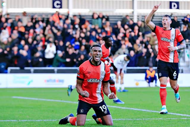 Town attacker Jacob Brown celebrates after Luton take the lead against Manchester City - pic: Liam Smith