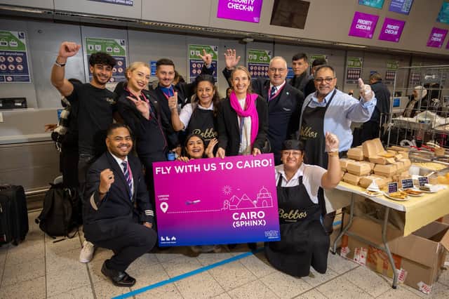 Wizz Air celebrate their first flight from Luton Airport to Sphinx Airport in Egypt by giving out free Egyptian food and drink to passengers. Picture: Matthew Power Photography