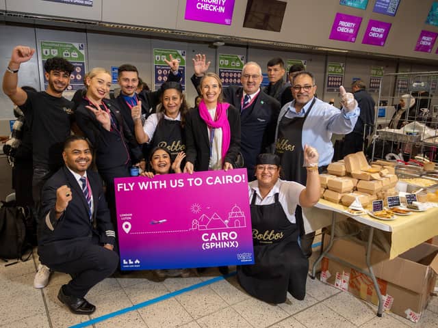 Wizz Air celebrate their first flight from Luton Airport to Sphinx Airport in Egypt by giving out free Egyptian food and drink to passengers. Picture: Matthew Power Photography
