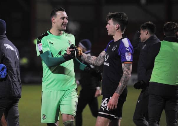 Marek Stech and Glen Rea celebrate Town's 2-1 win at Crewe