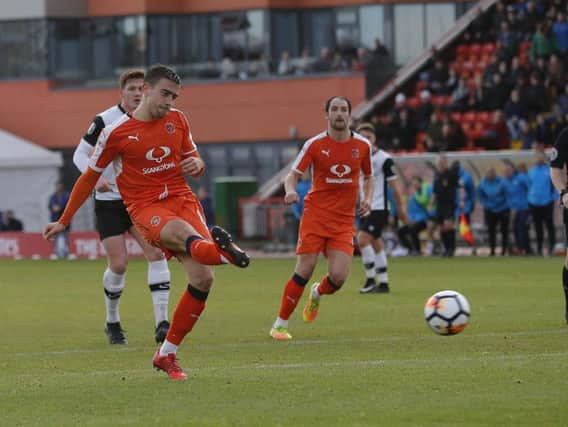 Olly Lee scores Luton's first goal at Gateshead on Saturday