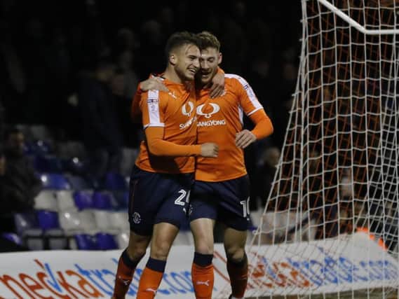 Lawson D'Ath celebrates his first Luton goal this evening