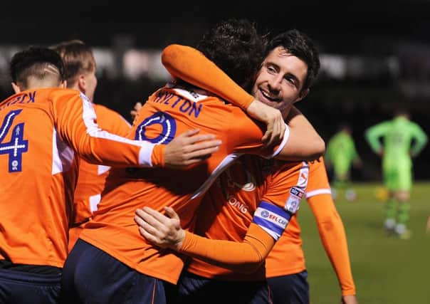 Alan Sheehan and Danny Hylton celebrate against Forest Green