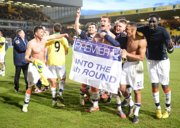 Hatters celebrate their FA Cup win at Norwich back in 2013