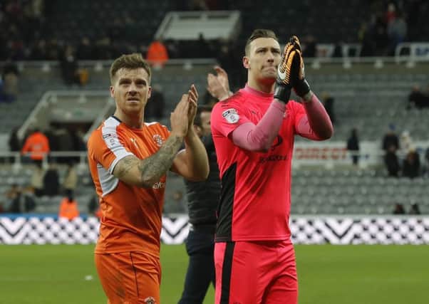 Johnny Mullins and Marek Stech applaud the Luton fans at St James' Park