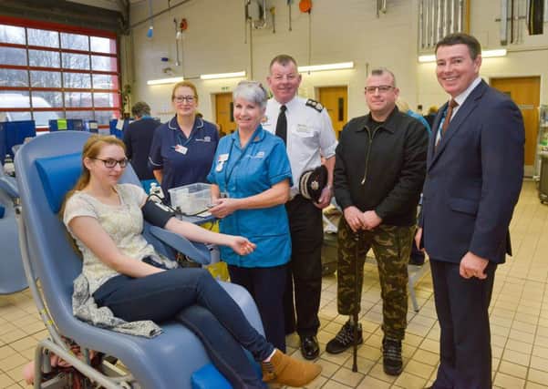 The blood donation session at Dunstable Community Fire Station. Jason is pictured second from right. Jason visited in the afternoon and was informed that the centre was on target to hit 140 pints by the evening.  Credit: David Stubbs.