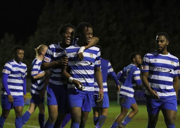 Dunstable Town celebrate a goal against Weymouth on Tuesday night