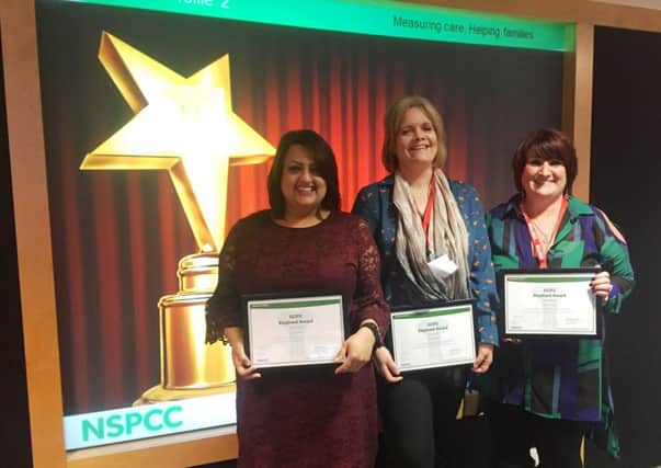 NSPCC award: Salma Fazil (Deputy Manager, Flying Start), Alison Braniff  (Trainer and Health Visitor, Luton Children's Community Health Services), and Debbie Brown (Deputy Manager, Early Help) with their NSPCC Elephant Awards.