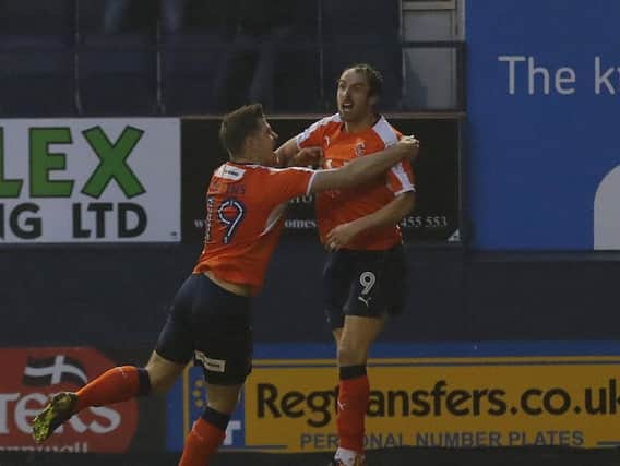 Danny Hylton and James Collins celebrate Town's opening goal