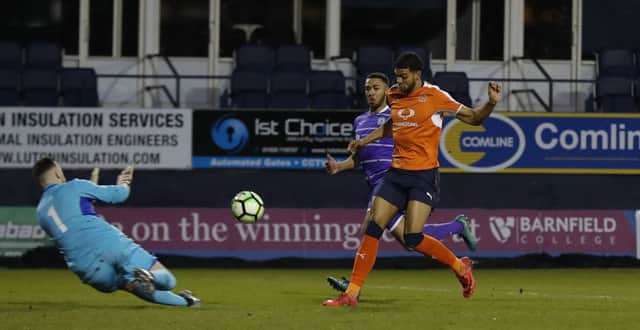 Jake Jervis scores Luton's first against Biggleswade Town on Monday night