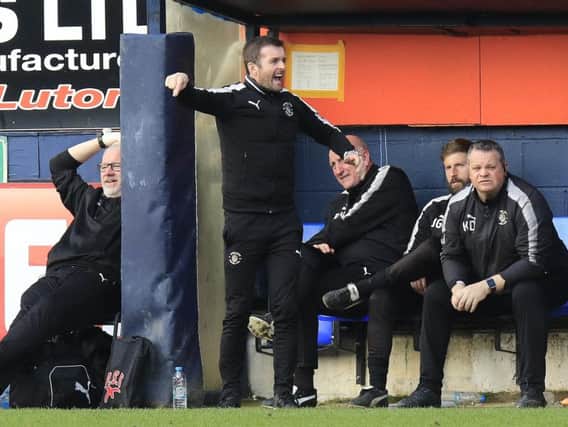 Luton boss Nathan Jones makes his point during the Hatters' 3-1 win over Crewe