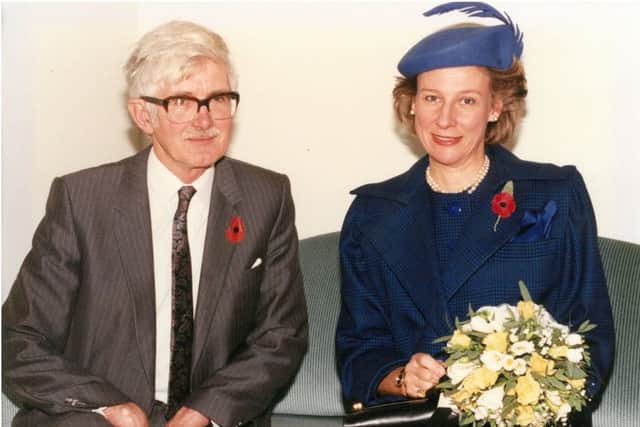 Dr Wink White, who was instrumental in creating Keech Hospice Care in Luton, at the opening with HRH The Duchess of Gloucester in 1991.