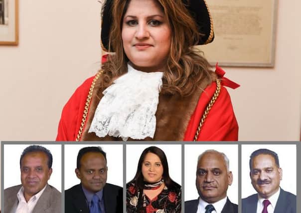 New mayor Cllr Naseem Ayub; inset: Cllrs Mohammad Ayub, Tahir Khan, Asma Rathore, Mohammed Riaz and Raja Saleem