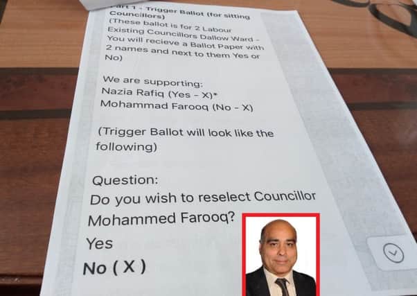 Part of the WhatsApp message urging Labour members not to support Cllr Mohammed Farooq (shown inset)