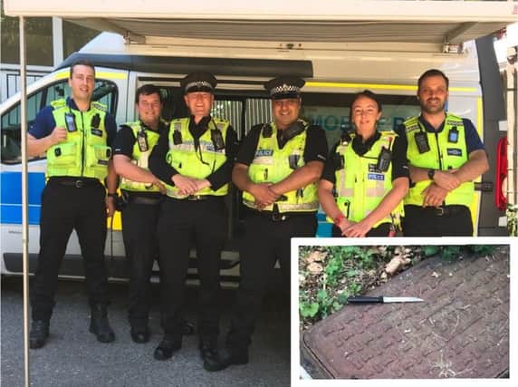 The community team on patrol and an insert photo of the knife recovered from Ruthin Close