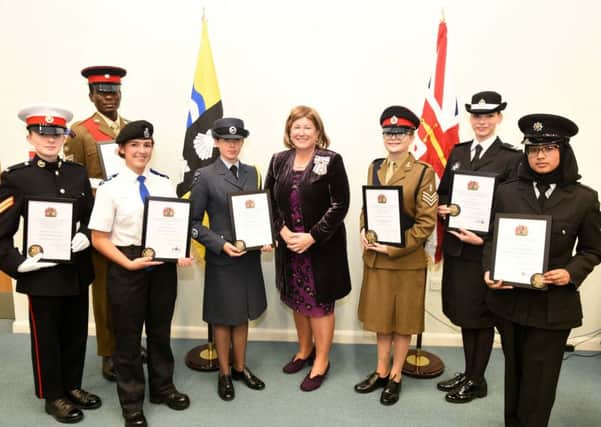 HM Lord-Lieutenant of Bedfordshire Helen Nellis and the Cadets. Photo by June Essex