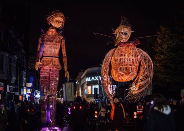 Two of the wicker 'puppets' at RISE! in Luton town centre. Photo by Aleksandra Warchol Photography