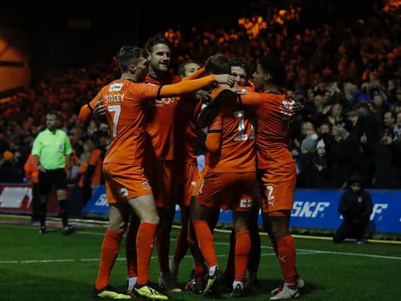 Luton celebrate Andrew Shinnie's strike that made it 2-1