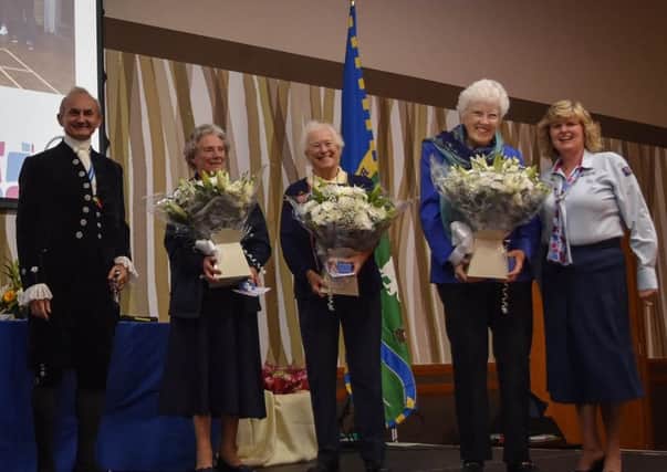 from left, High Sheriff of Bedfordshire Julian Polhill, Marion Prior, Joy Hall,  Sheila Dixon, County Commissioner Ann Crome