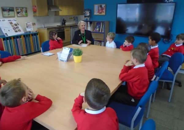 Baroness Young of Old Scone with pupils at  Someries Infant School
