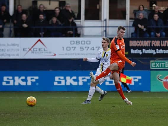Jack Stacey puts Luton in front against Burton this afternoon