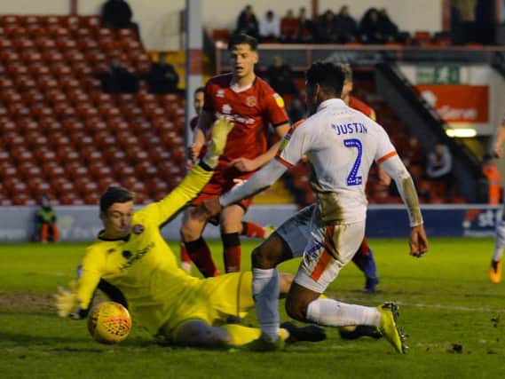 James Justin goes close against Walsall