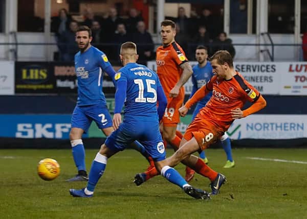 Luke Berry scores the fourth goal for Luton on Saturday