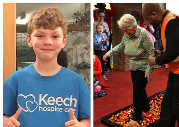 Contestants Noah Russell and Gill Hayward.  The Legowalk is held at the hospice: training 3pm; walk 3.30pm.