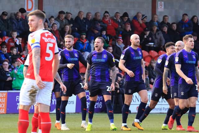 George Moncur celebrates his goal at Fleetwood on Saturday
