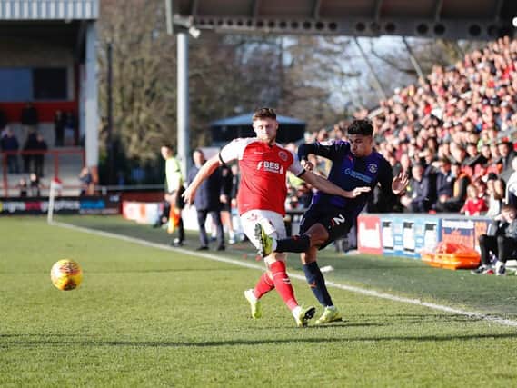 James Justin crosses the ball against Fleetwood on Saturday