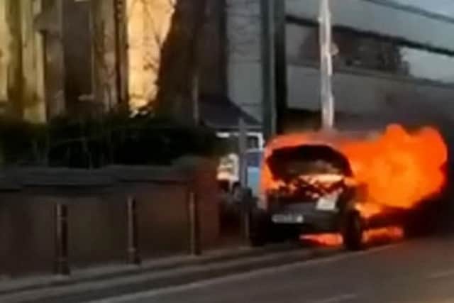 A flaming van was spotted rolling down the road in Luton
