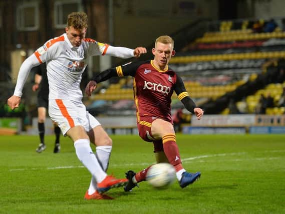 Jack Stacey scores the winner at Bradford on Tuesday night